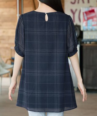 Tiaclasse L シフォンチェックパフスリーブチュニック ネイビー