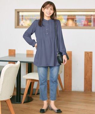 Tiaclasse 【スマート裏起毛・新色追加】 ピンタックシャツチュニック ブルー