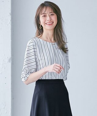 ANY SIS 【接触冷感・吸水速乾・UVケア】エアリードレープスムース タックスリーブ ブラウス オフストライプ