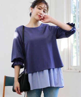 Tiaclasse 【安田美沙子さん着用・選べる裾】 レイヤードヘムカットソーTシャツ オフ×ネイビーストライプ裾フレア