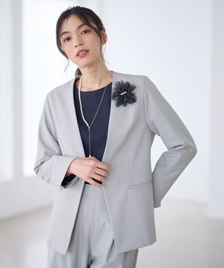 ANY L イージーケアライトストレッチノーカラージャケット ライトグレー