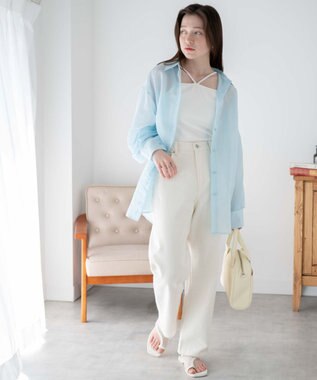 WEGO ボリュームスリーブシアーシャツ ブルーストライプ