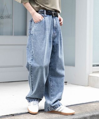 WEGO 【ユニセックス着用ITEM/ウエストゴム/SMLサイズ展開】デニムルーズテーパードパンツ デニム中濃加工色