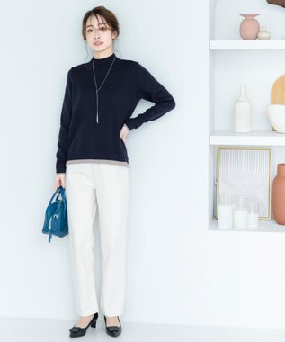 Tiaclasse 【洗える】もっちり素材が肌触り抜群の配色ニットトップス ネイビー×グレージュ