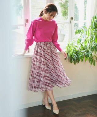 Feroux 楊柳チェックフレア スカート ピンク系2