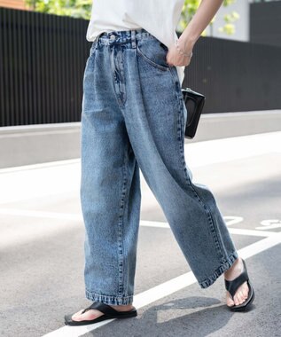 WEGO 【ユニセックス着用ITEM/ウエストゴム/SMLサイズ展開】デニムルーズテーパードパンツ デニム中濃加工色