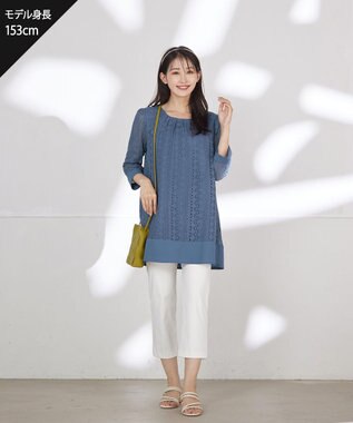 Tiaclasse L 【洗える】レースコンビチュニックブラウス ブルー