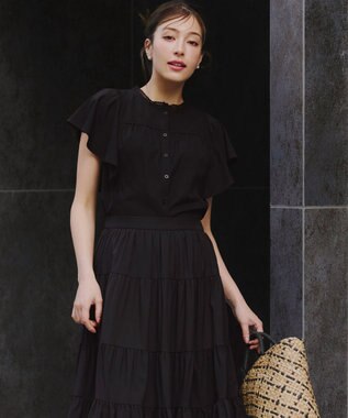 Tiaclasse L 【洗える】フレアスリーブレースブラウス ブラック