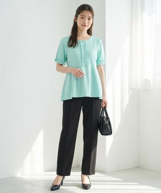 Feroux 【洗える】フリルデザインペプラムニットトップス スカイブルー系