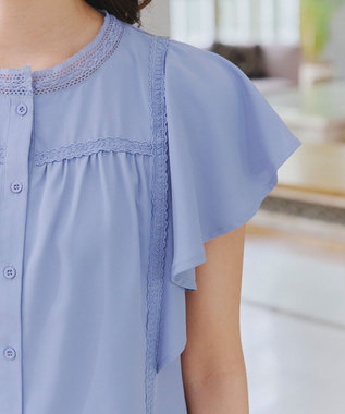 Tiaclasse L 【洗える】フレアスリーブレースブラウス ブルー