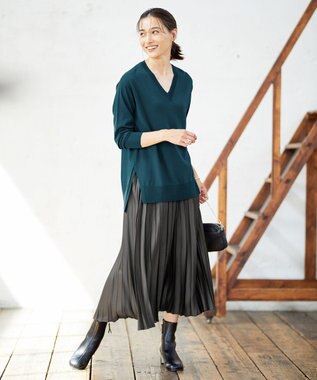 ICB 【洗える】 レザーライクプリーツスカート チャコール系