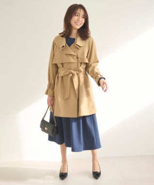 Feroux 【洗える】ラッフルカラーミドル丈 トレンチ キャメル系