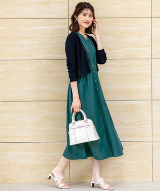 ANY SIS 【洗える】フロントボタンギャザー ワンピース ダークグリーン