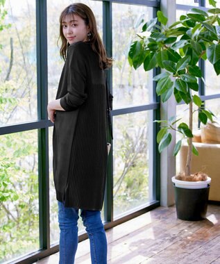 Tiaclasse 【洗える】バックリブプリーツ編みロングカーディガン ブラック