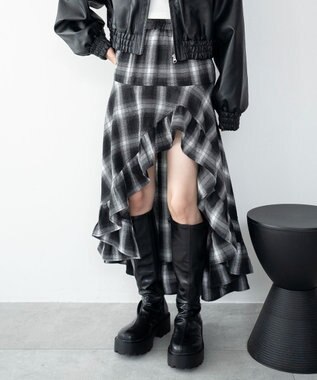 WEGO チェックアシンメトリーフリルロングスカート ブラックチェック1