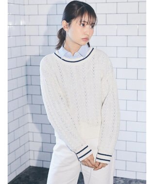 earth music&ecology ライン入り透かし編みニットプルオーバー Off White