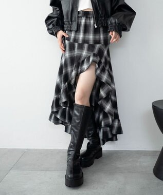 WEGO チェックアシンメトリーフリルロングスカート ブラックチェック1