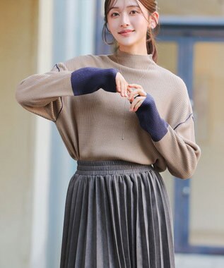 Tiaclasse 配色スリーブリブニットトップス ベージュ