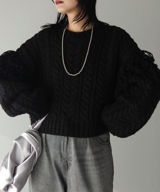 Green Parks フリンジスリーブショート丈ケーブルニット Black