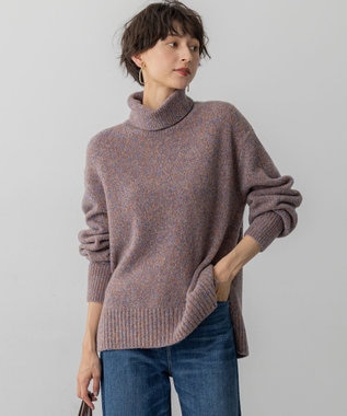 【洗える】ミックスブークレ サイドスリットタートルニット