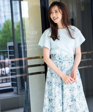 組曲 【洗える】シルケットポンチ フリルスリーブ カットソー スモーキーグリーン系