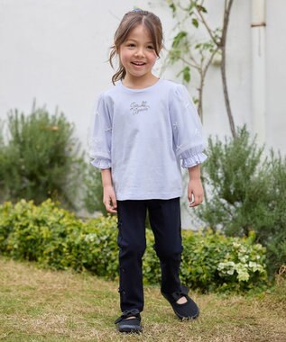 ANY KIDS リボン×チュール 七分袖Tシャツ サックスブルー