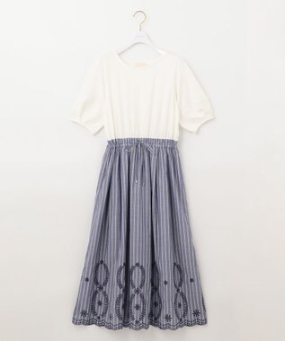 ANY SIS 【洗える】エンブロイダリーコンビ ワンピース オフ×シャンブレーブルーストライプ