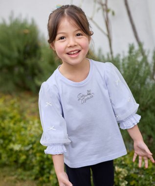 ANY KIDS リボン×チュール 七分袖Tシャツ サックスブルー