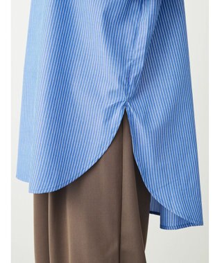 Green Parks イージーケアスタンドフリルシャツチュニック Stripe Blue