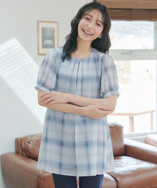 Tiaclasse L シフォンチェックパフスリーブチュニック ブルー