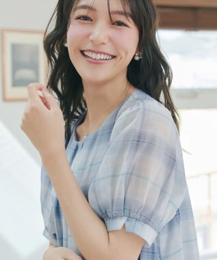 Tiaclasse L シフォンチェックパフスリーブチュニック ブルー