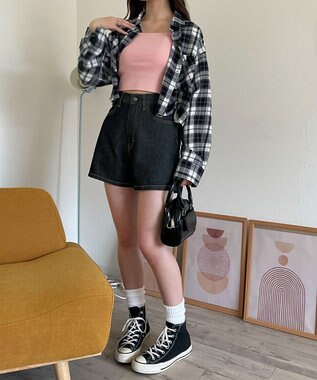 WEGO チェックショートシャツ ブラック