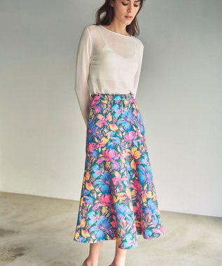 GRACE CONTINENTAL フラワージャガードフレアスカート ブルー