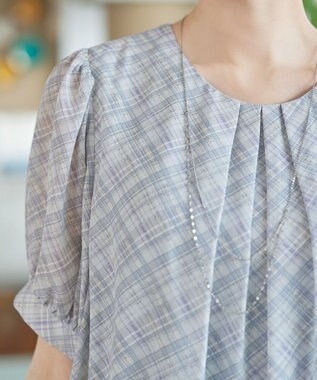 Tiaclasse L シフォンチェックパフスリーブチュニック グレー