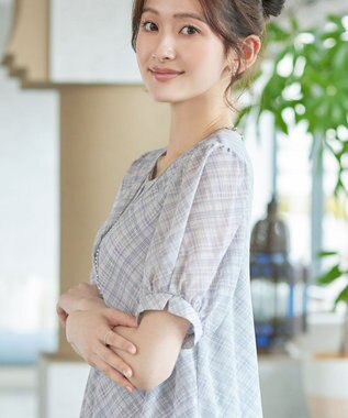 Tiaclasse L シフォンチェックパフスリーブチュニック グレー