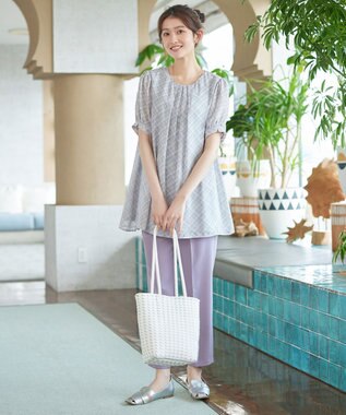 Tiaclasse L シフォンチェックパフスリーブチュニック グレー