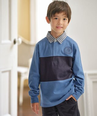  【110-130cm】襟ストライプ ブロッキングポロシャツ