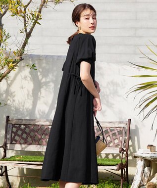 Tiaclasse 【洗える】バルーンスリーブサイドギャザーワンピース ブラック