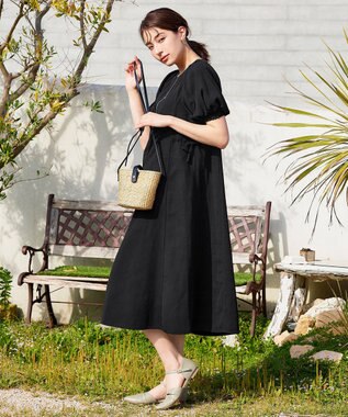 Tiaclasse 【洗える】バルーンスリーブサイドギャザーワンピース ブラック