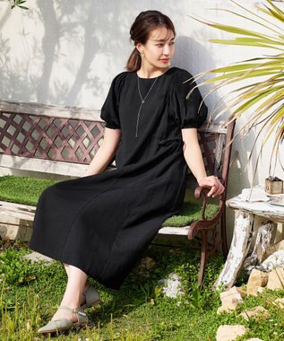 Tiaclasse 【洗える】バルーンスリーブサイドギャザーワンピース ブラック