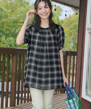 Tiaclasse L シフォンチェックパフスリーブチュニック ブラック
