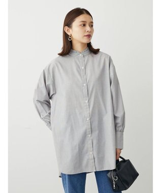 Green Parks イージーケアスタンドフリルシャツチュニック Stripe Black