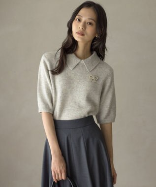 組曲 S 【加藤ローサさん着用 / 襟取り外し可】スパンコールヤーン 5分袖ニット ライトグレー系