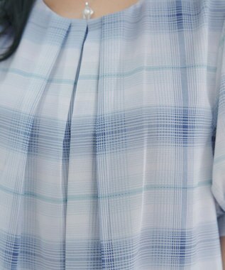 Tiaclasse L シフォンチェックパフスリーブチュニック ブルー