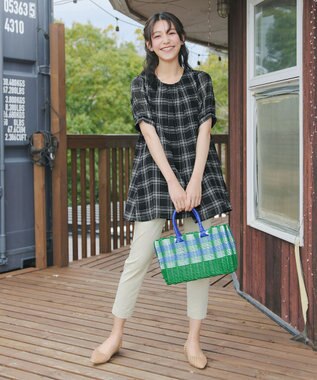 Tiaclasse L シフォンチェックパフスリーブチュニック ブラック