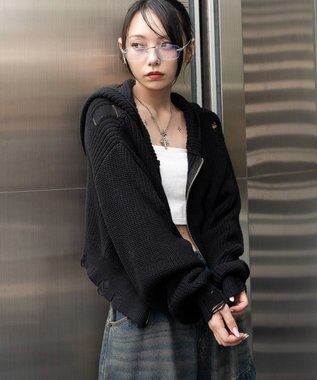 WEGO ダメージニットジップパーカー ブラック