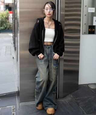 WEGO ダメージニットジップパーカー ブラック