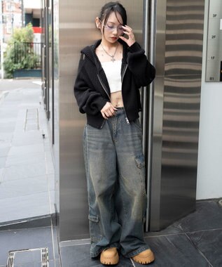 WEGO ダメージニットジップパーカー ブラック