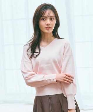 Feroux 【洗える】Vネック プルオーバー ニット ローズ系