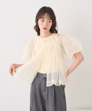 earth music&ecology ＳＥＴ２点チュールバルーンブラウス＋ロゴタンク Ivory